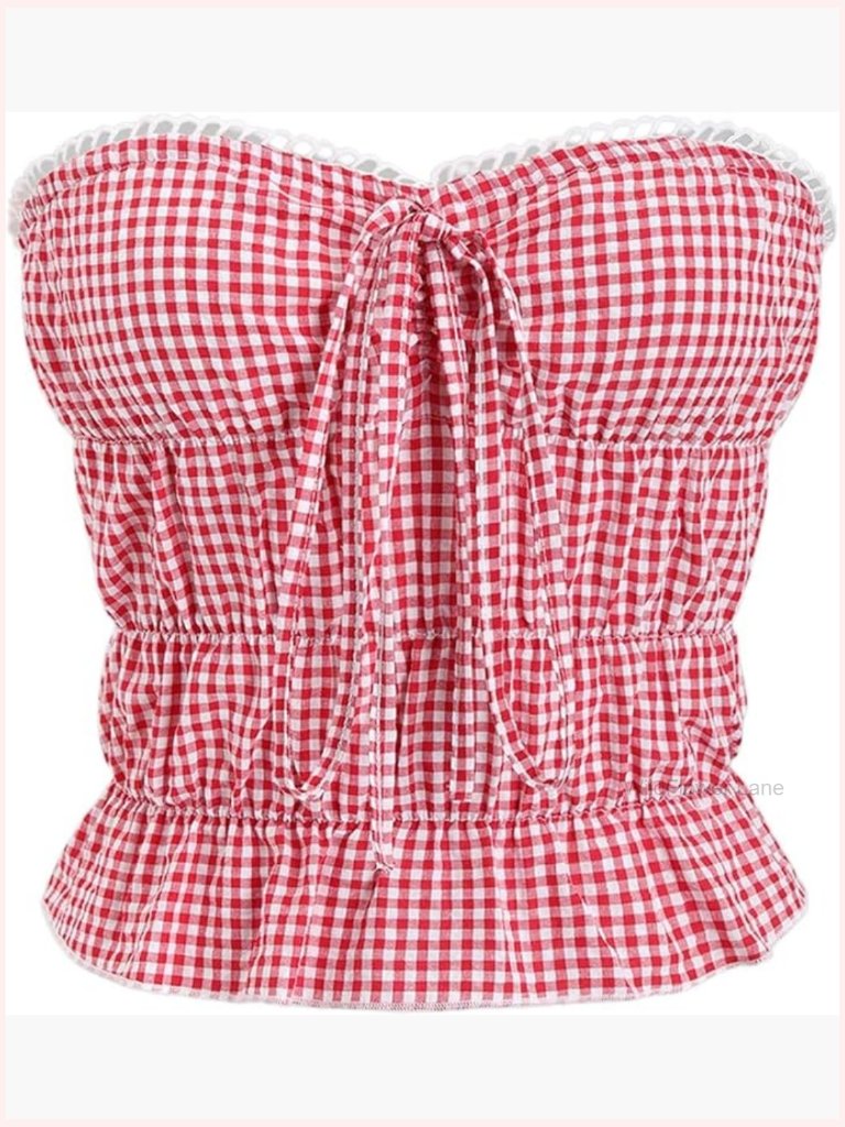 Gingham Tube Crop Top Plaid Bow Ruffle Hem Y2k Bandeau Top